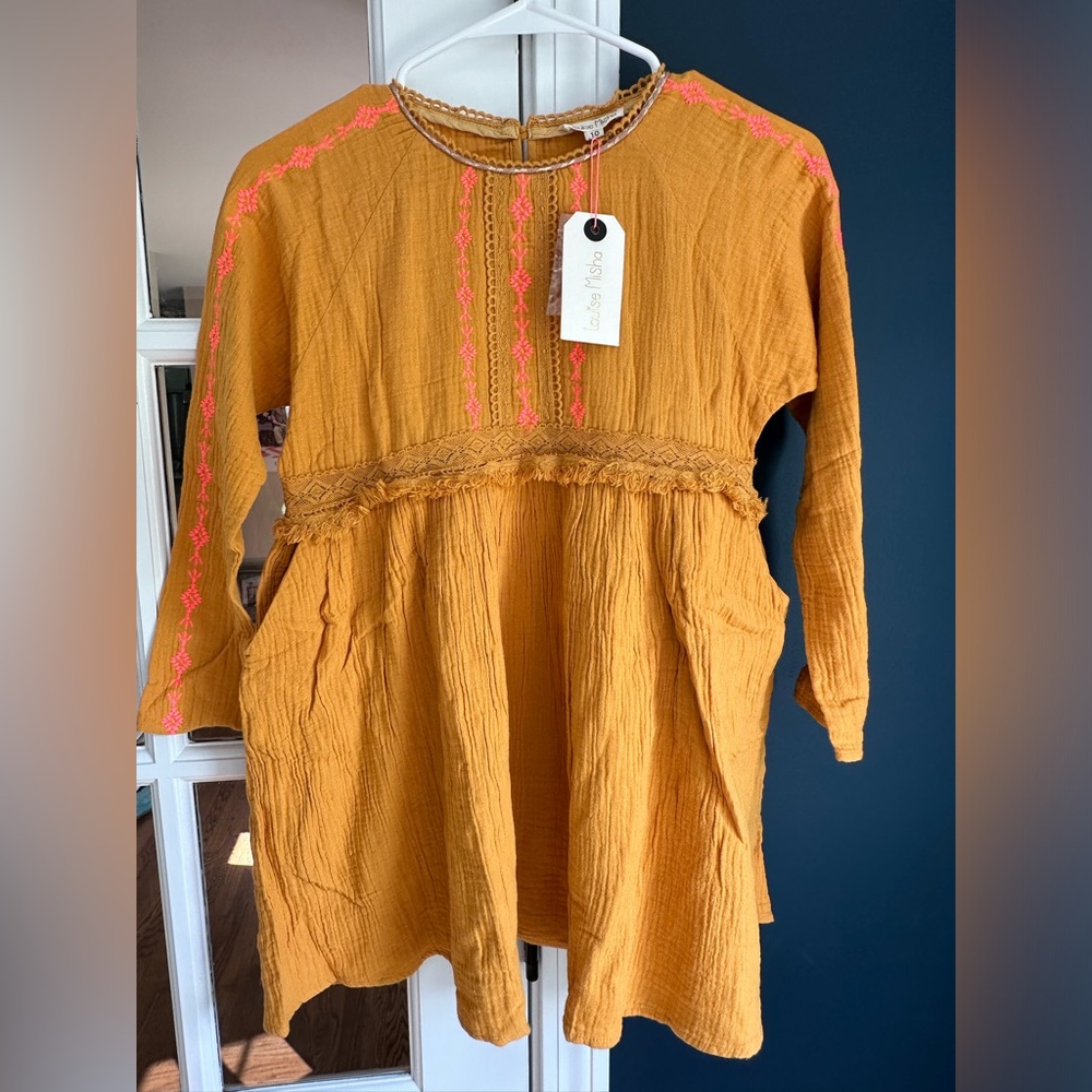 NWT Louise Misha long-sleeve yellow dress with pink embroidery, Size 10